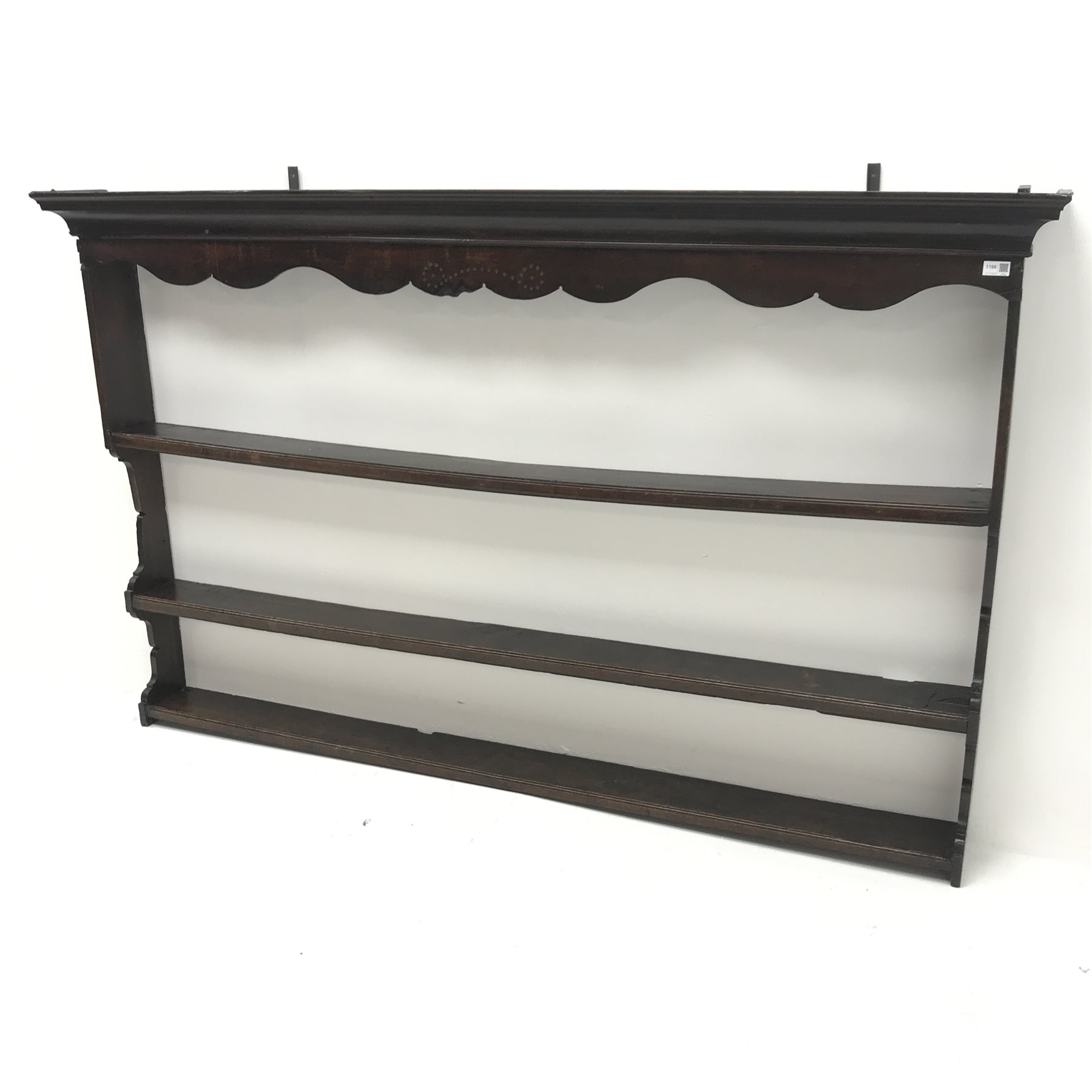 19th century oak two tier plate rack, projecting cornice, W193cm, H120cm, D21cm - Image 3 of 4