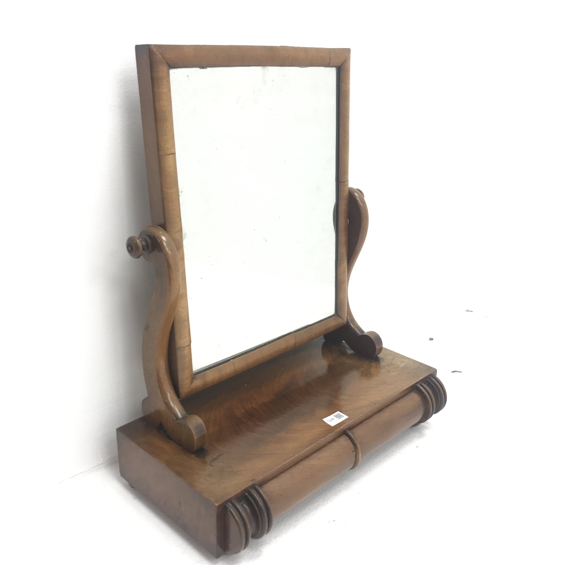 19th century mahogany dressing table mirror, scrolling supports, two drawers, W52cm, H65cm, D26cm