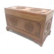 Chinese camphor wood blanket box, single hinged lid, geometric pattern, shaped bracket supports, W10