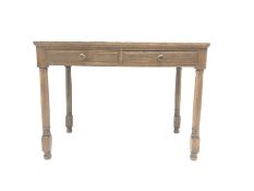 Edwardian oak writing table, inset leather surface, fitted with two drawers, W107, D64cm, H76cm