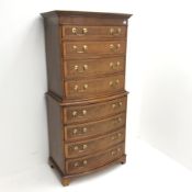 Georgian style inlaid mahogany chest on chest, eight graduating drawers, ogee bracket supports, W77c