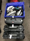 A quantity of hand power tools including a circular saw, hand planer etc and three tool cases