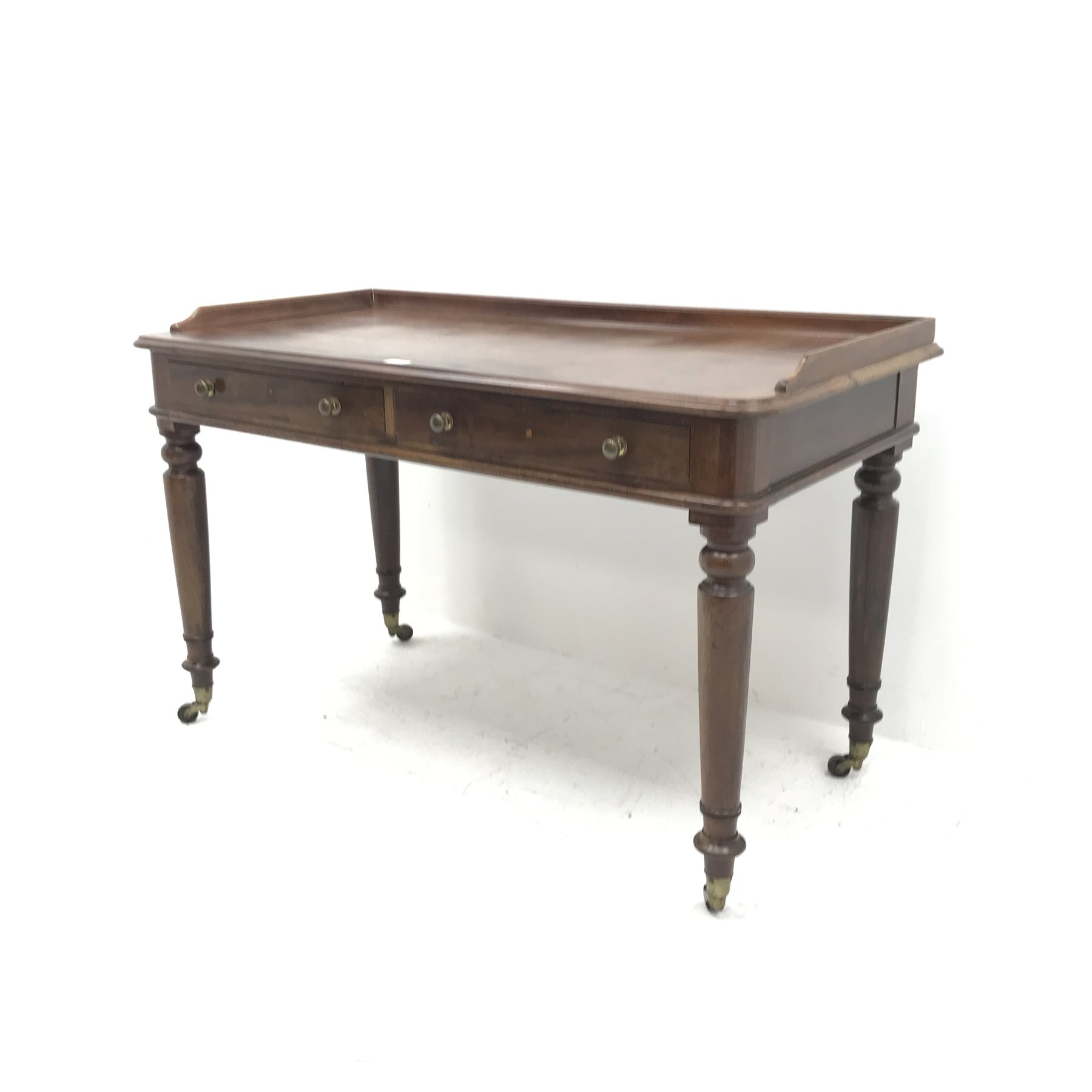 Victorian mahogany figured two drawer writing desk side table, fitted with two drawers, W124cm, D61c