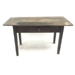 Stained pine table, single drop leaf and drawer, square supports, W140cm, H79cm, D88cm