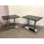 Two rectangular top café bistro tables on polished metal bases, 92cm x 68cm, H75cm