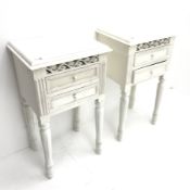 Pair French style bedside chests, white painted finish, two drawers, turned tapering supports, W40cm