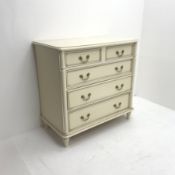 Laura Ashley cream finish chest, two short and three long drawers, turned supports, W91cm, H88cm, D4