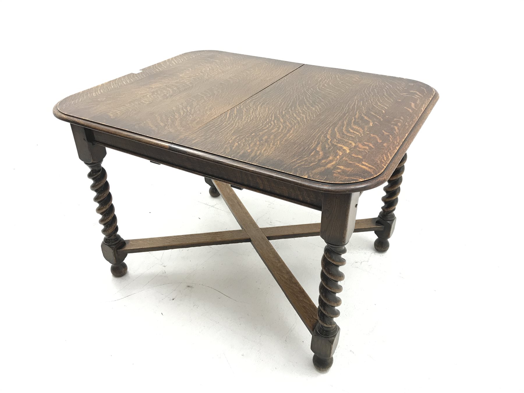 Early 20th century oak barley twist extending dining table with leaf, X shaped stretcher, curved end - Image 2 of 4