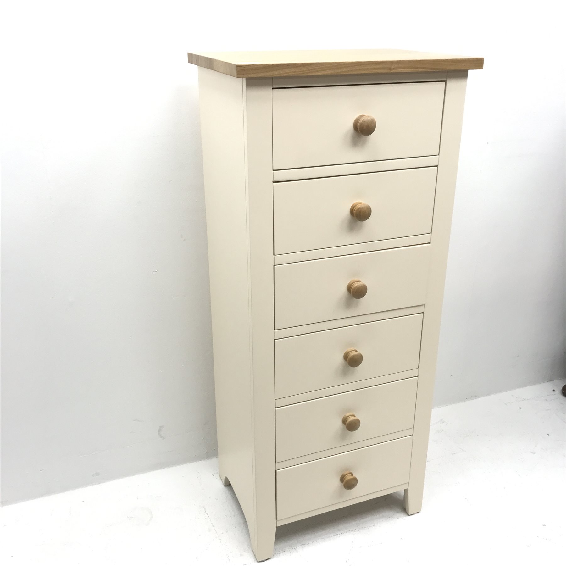 Tall oak and cream finish six drawer pedestal chest, W51cm, H117cm, D36cm