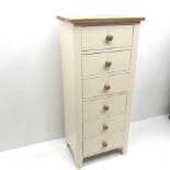 Tall oak and cream finish six drawer pedestal chest, W51cm, H117cm, D36cm