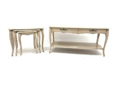 Pierre Fontaine collection light wood coffee table, moulded shaped top, two drawers, cabriole legs j