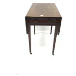 19th century crossbanded mahogany drop leaf Pembroke table, brass capped square tapering supports on