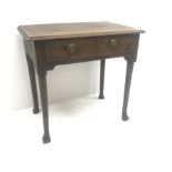 Georgian oak lowboy, single drawer, turned tapering supports, W76cm, H72cm, D48cm