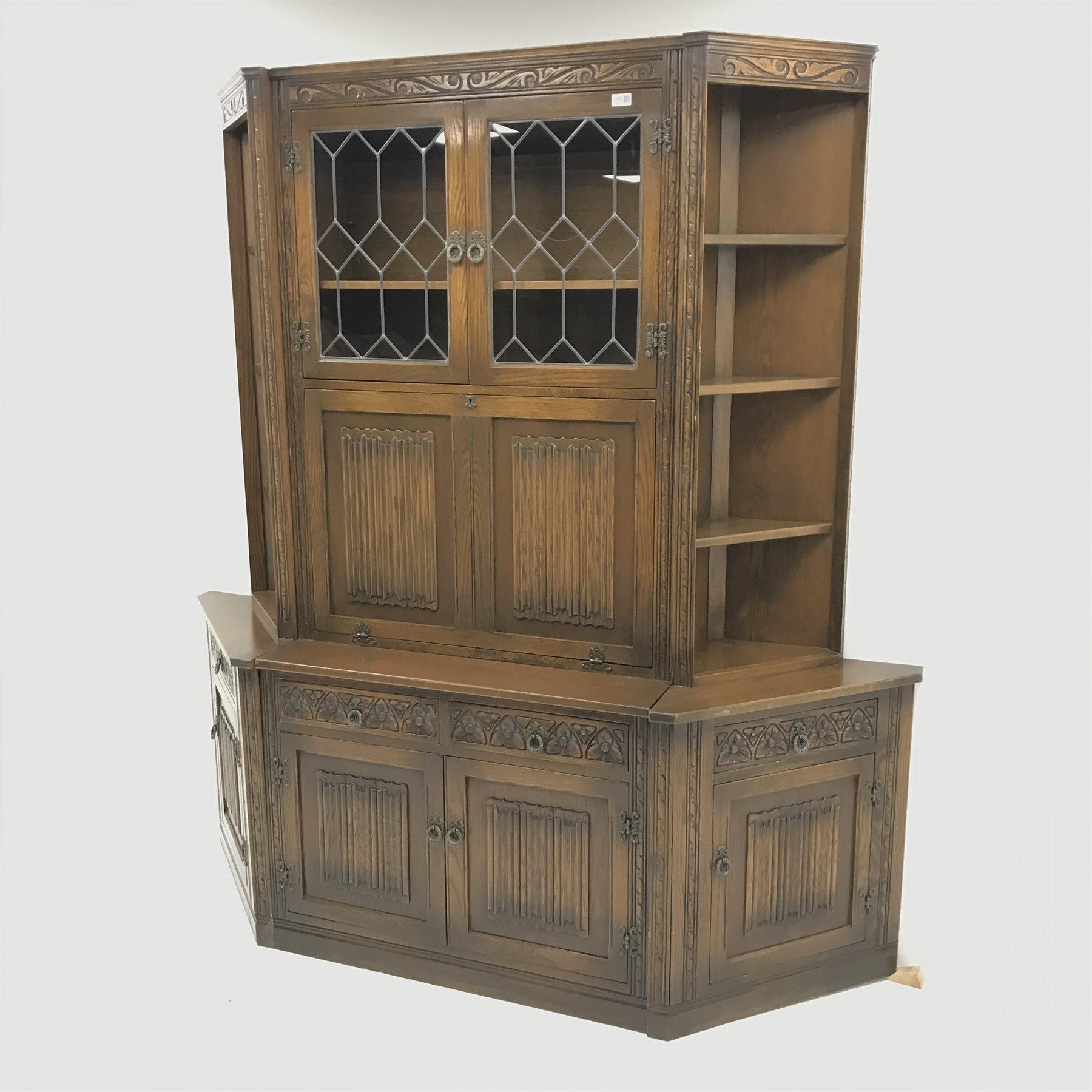 Old Charm - oak three sectional cocktail display cabinet, two lead glazed doors above fall front enc - Image 3 of 4