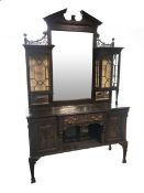 Late Victorian oak mirror back side cabinet, sloped arched pediment with dentil detail, the large re