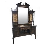 Late Victorian oak mirror back side cabinet, sloped arched pediment with dentil detail, the large re