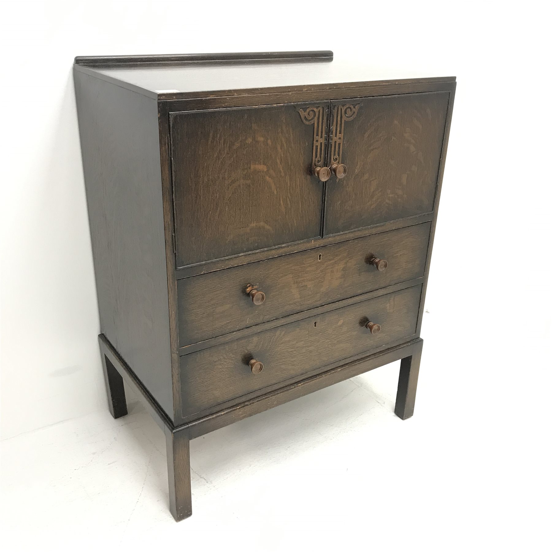 Early 20th century oak tall boy, double cupboard above two drawers, W76cm, H100cm, D48cm