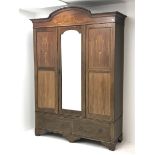 Edwardian mahogany wardrobe, arched pediment and panels inlaid with trailing husks and foliage, cent