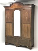 Edwardian mahogany wardrobe, arched pediment and panels inlaid with trailing husks and foliage, cent