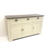 Painted dresser base, three drawers above three cupboards, W146cm, H83cm, D45cm