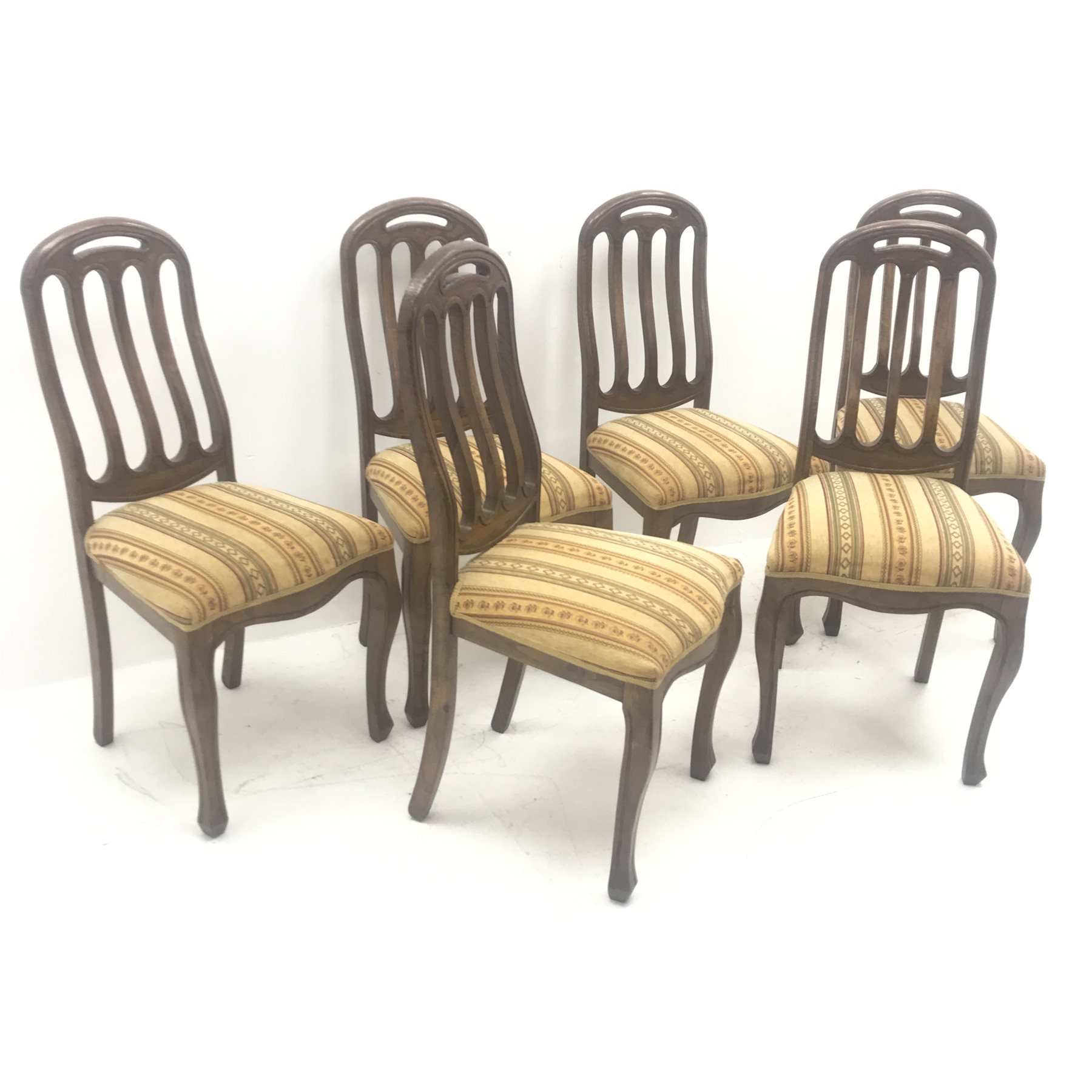 Set six hardwood chairs, shaped and pierced cresting rail, upholstered seat, cabriole legs, W48cm