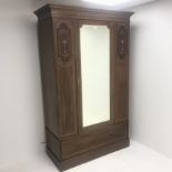 Edwardian inlaid walnut wardrobe, projecting cornice, single mirrored door and drawer, plinth base,