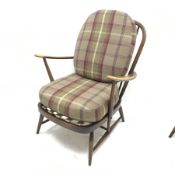 Ercol beech framed Windsor armchair, upholstered back and seat, turned supports, W72cm