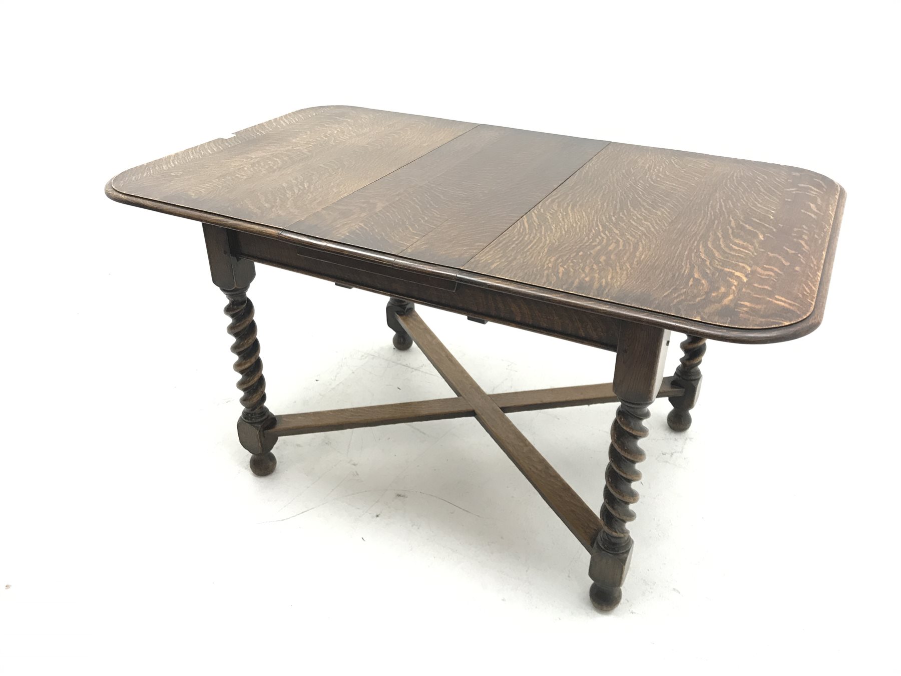 Early 20th century oak barley twist extending dining table with leaf, X shaped stretcher, curved end - Image 3 of 4