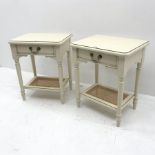 Pair Laura Ashley cream finish bedside lamp tables, single drawer, turned supports joined by canewor