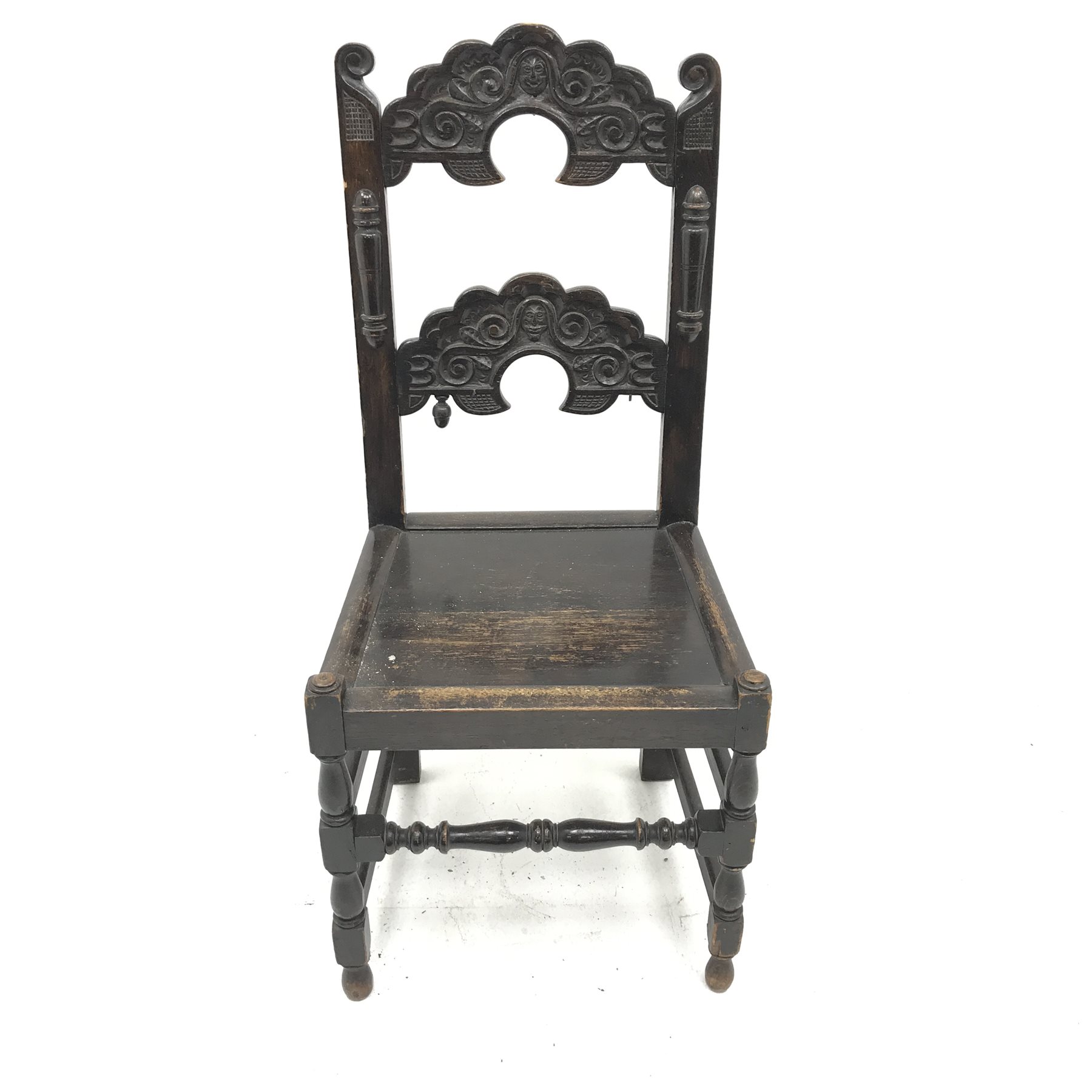 Pair 19th century Yorkshire/Derbyshire type oak hall chairs, detailed carved backs, solid seats, W50 - Image 3 of 4