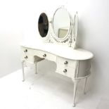 French style kidney shaped white painted dressing table, raised triple mirror back, one long and fou