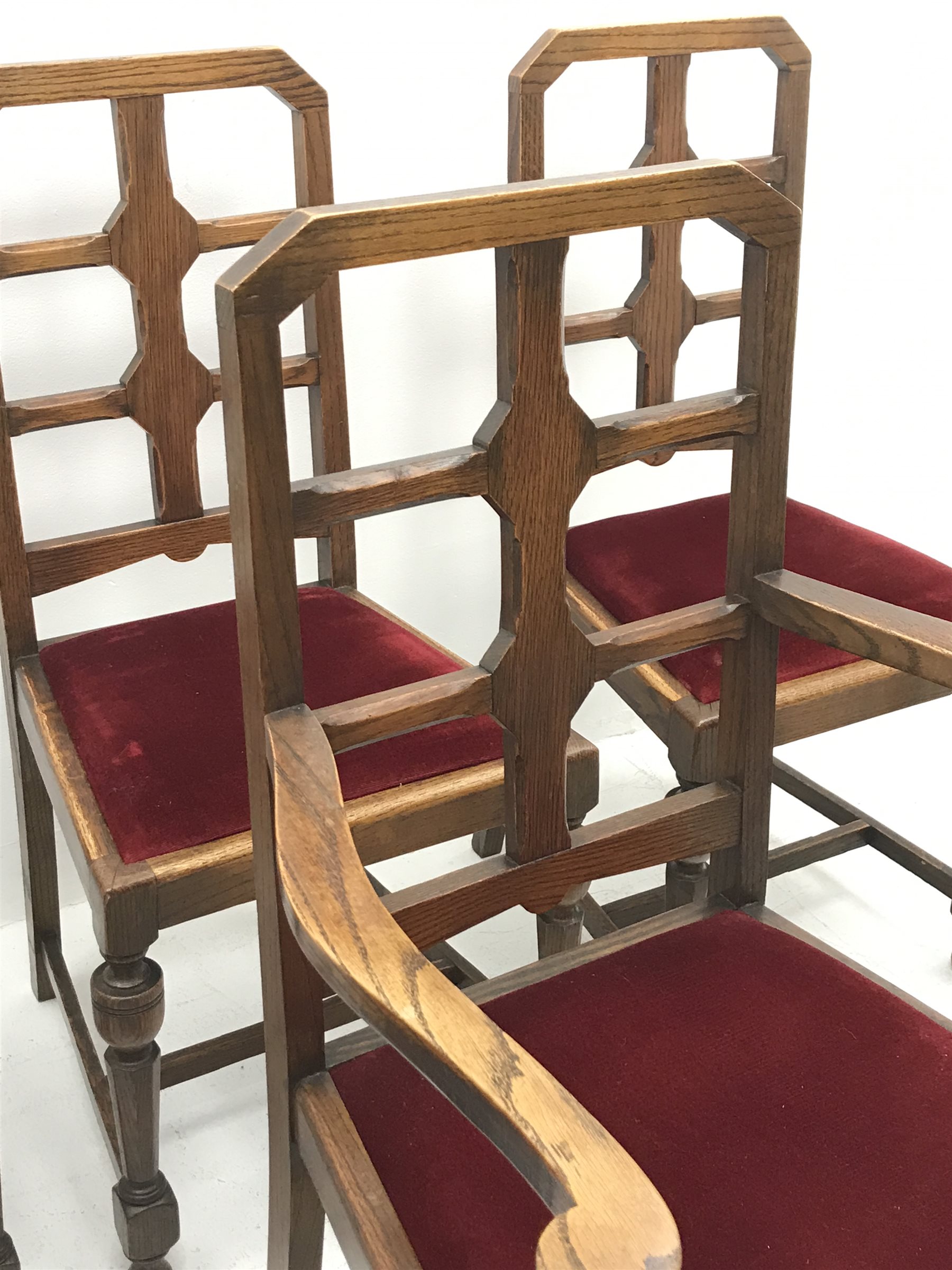 Set six (5+1) early 20th century oak dining chairs, upholstered drop in seat, turned supports joined - Image 2 of 4