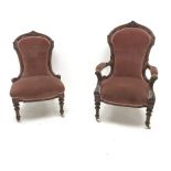 Pair Victorian walnut framed ladies and gentleman's upholstered chairs