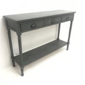 21st century painted console table, three drawers, turned supports joined by solid tier, W120cm, H82