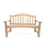 Teak two seat garden bench, arched cresting rail, W132cm