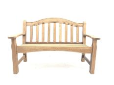 Teak two seat garden bench, arched cresting rail, W132cm
