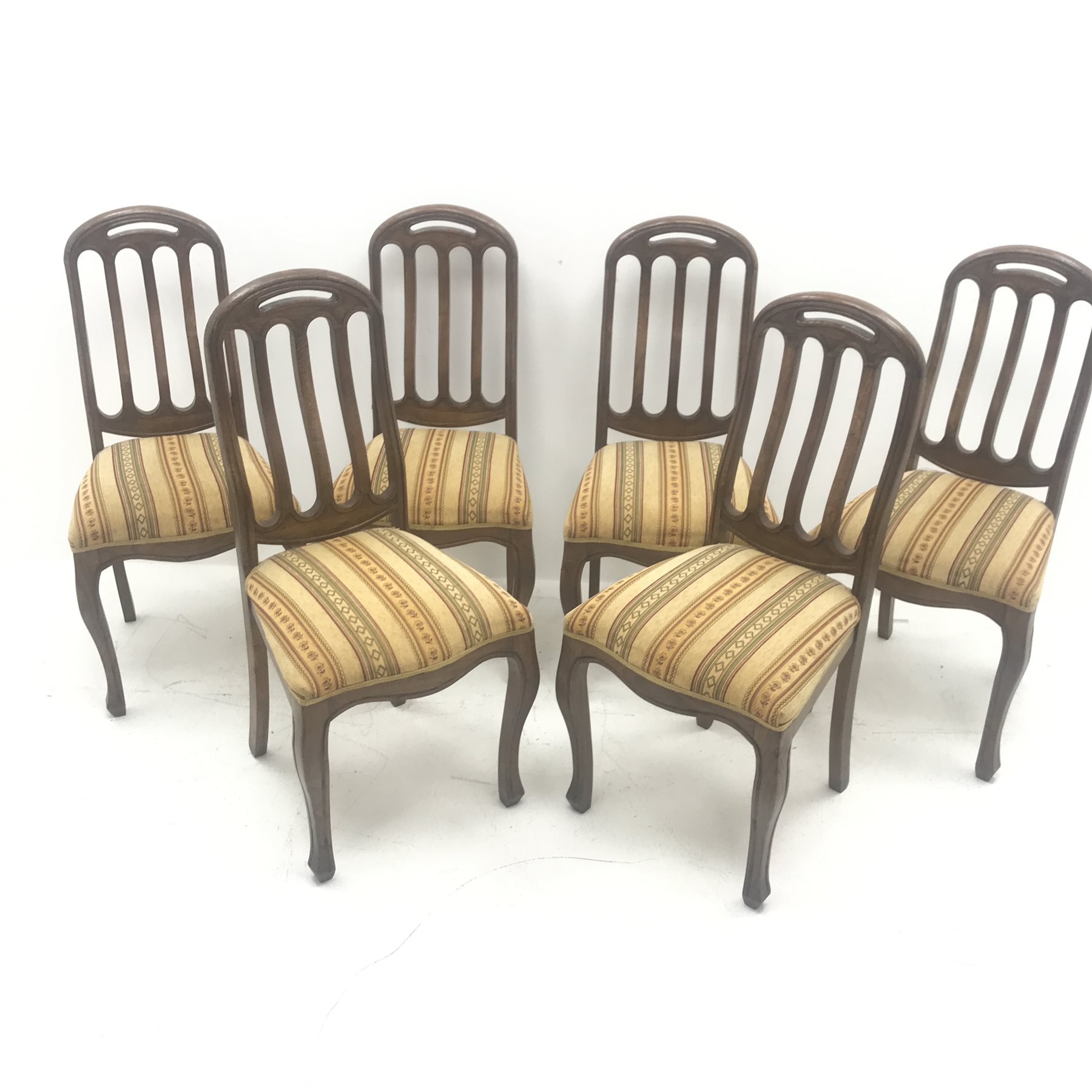 Set six hardwood chairs, shaped and pierced cresting rail, upholstered seat, cabriole legs, W48cm - Image 2 of 4