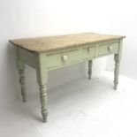 Victorian painted pine kitchen table, two long and one short drawer, turned supports, W131cm, H75cm,