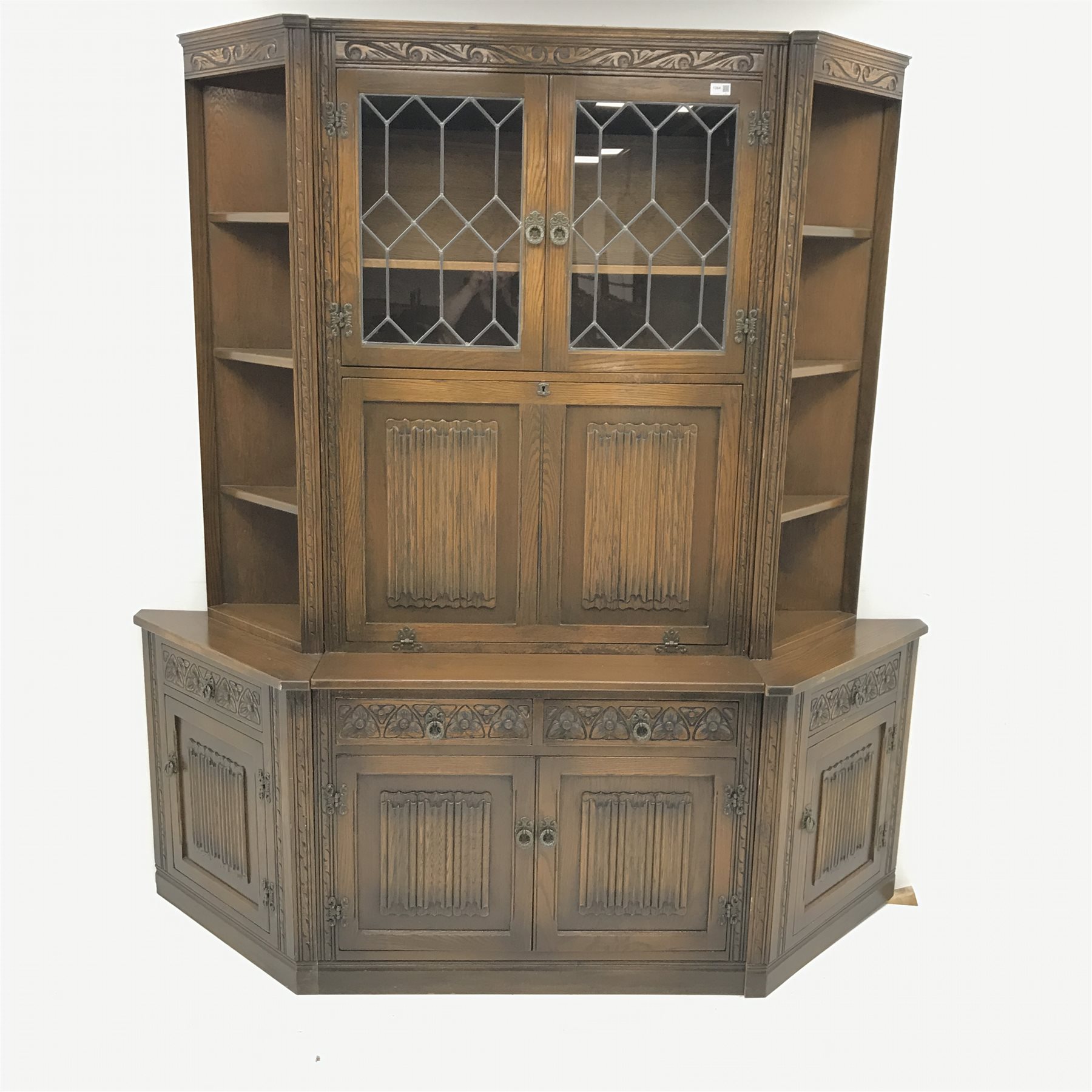 Old Charm - oak three sectional cocktail display cabinet, two lead glazed doors above fall front enc - Image 2 of 4