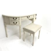 Laura Ashley cream finish demi-lune dressing table, one long and four short drawers, turned tapering