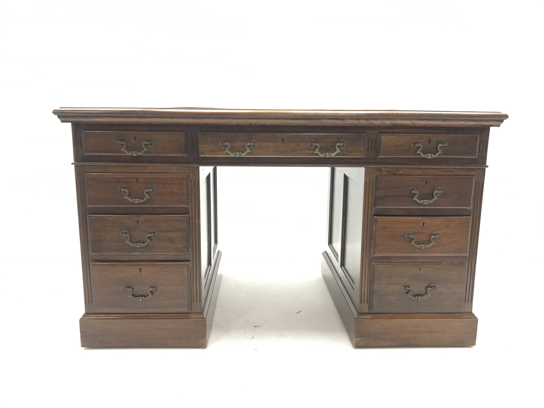20th century mahogany twin pedestal office desk, fitted with nine drawers, inset leather writing su