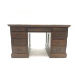 20th century mahogany twin pedestal office desk, fitted with nine drawers, inset leather writing su