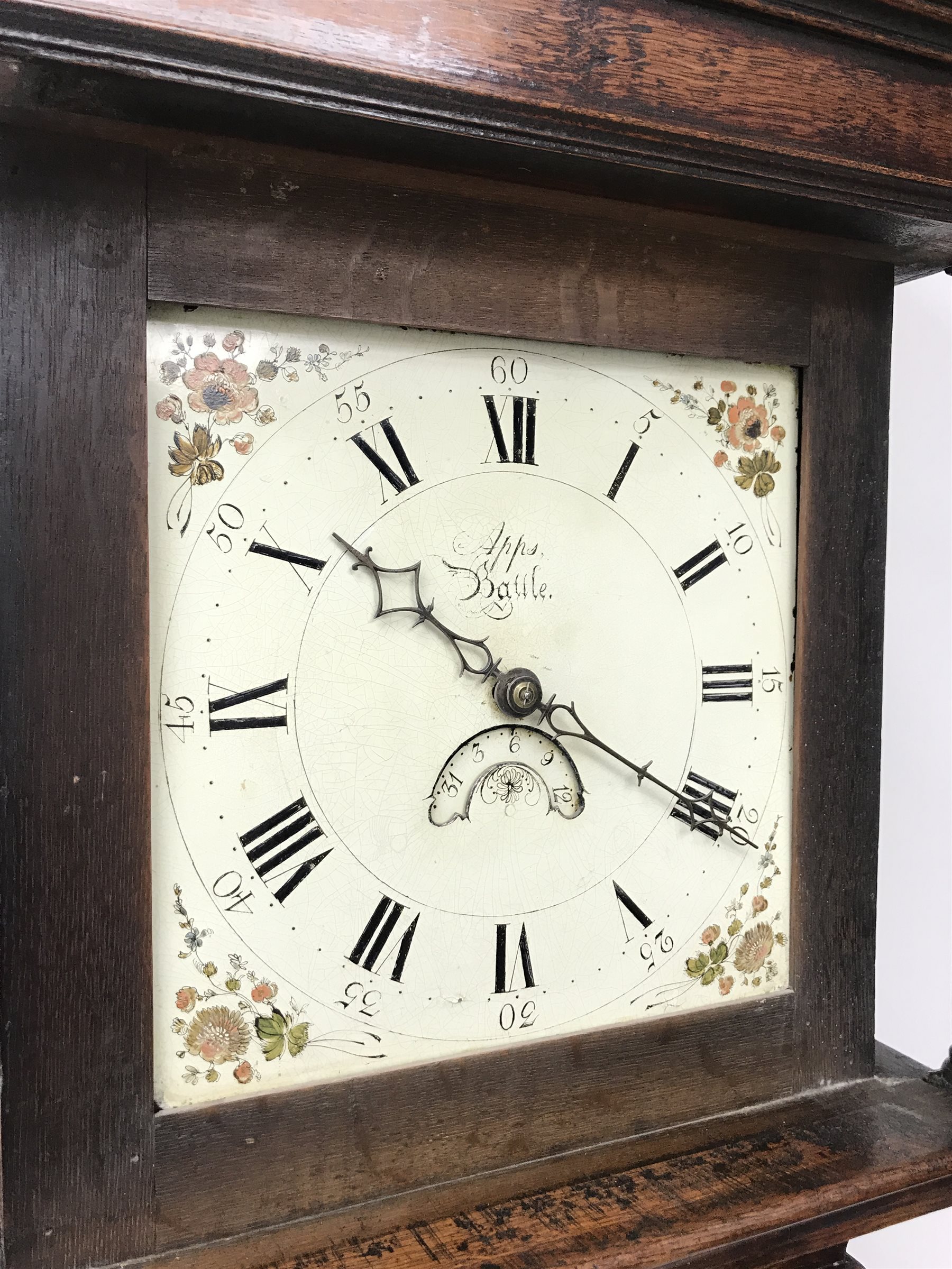 18th century oak cottage longcase clock, projecting cornice of square hood with column piasters, ena - Image 3 of 7