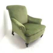 Victorian Howard style armchair, scrolling arms, turned supports, upholstered in a lime green fabric