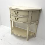 Laura Ashley demi-lune console side table, two drawers, turned tapering supports joined by single un