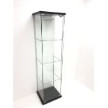 Square glass display cabinet, single hinged door enclosing three shelves, W43cm, H164cm, D37cm