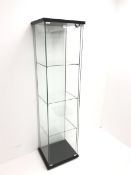 Square glass display cabinet, single hinged door enclosing three shelves, W43cm, H164cm, D37cm