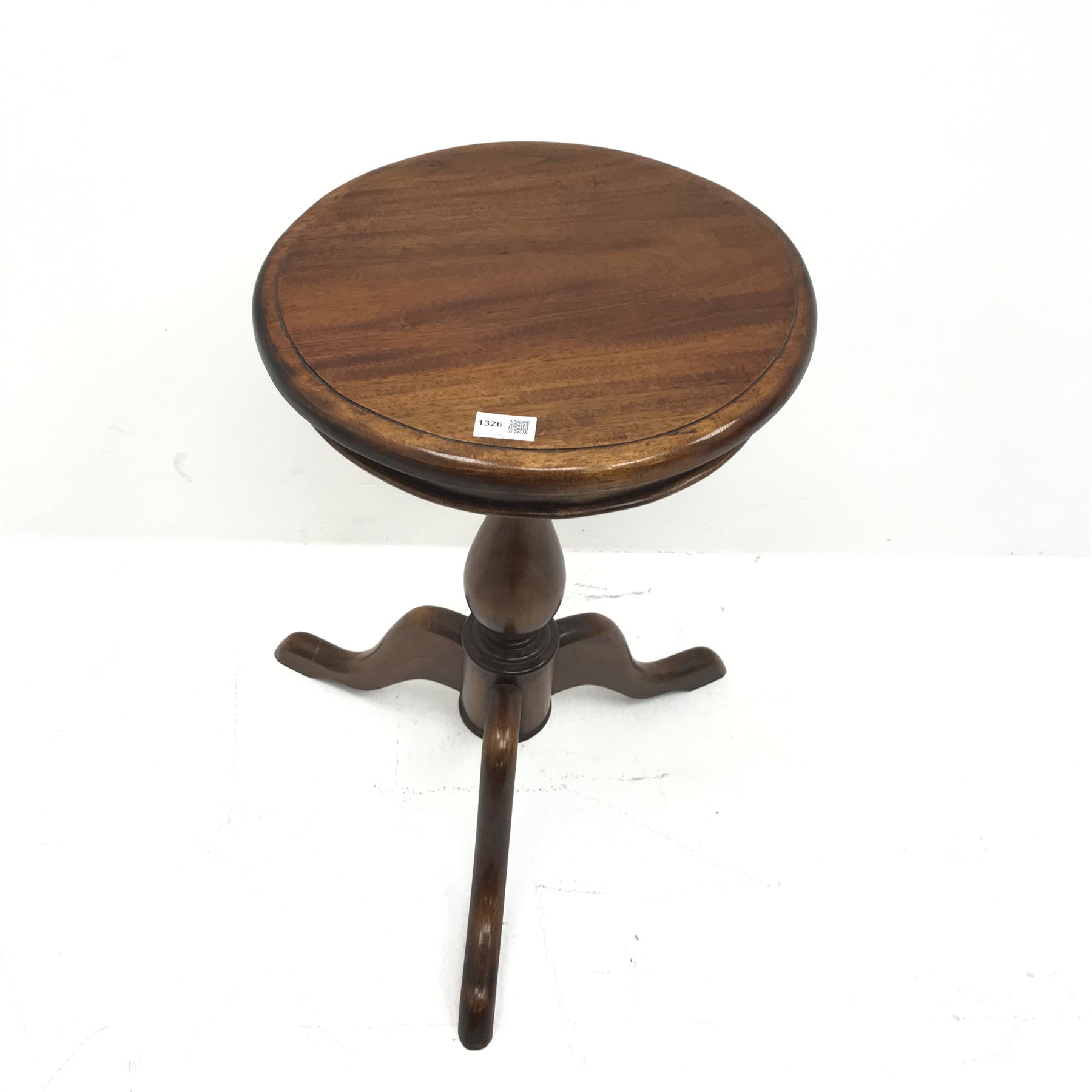 20th century mahogany pedestal table, single turned column on three shaped feet, D40cm, H65cm - Image 2 of 2
