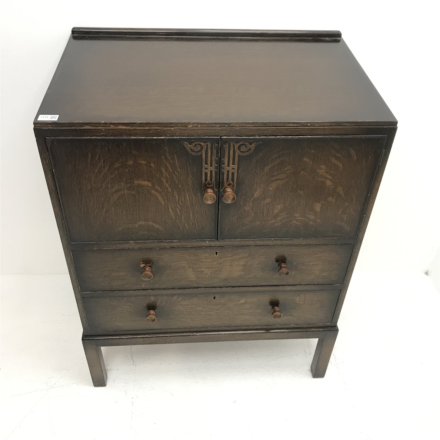 Early 20th century oak tall boy, double cupboard above two drawers, W76cm, H100cm, D48cm - Image 2 of 4
