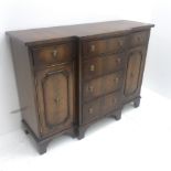 Small reproduction cross banded mahogany breakfront cabinet, two short and four long drawers, two cu